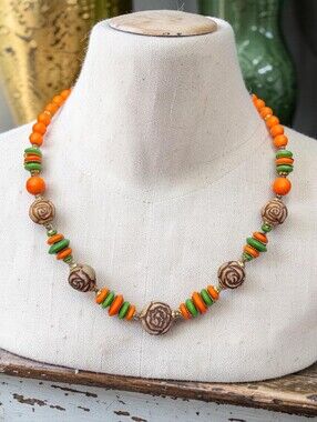 Vintage Art Deco Orange Glass And Celluloid Necklace